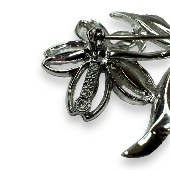 Sarah Coventry Silver Tone Black Crystal Flower Brooch Clip On Earrings Set - Picture 5 of 7